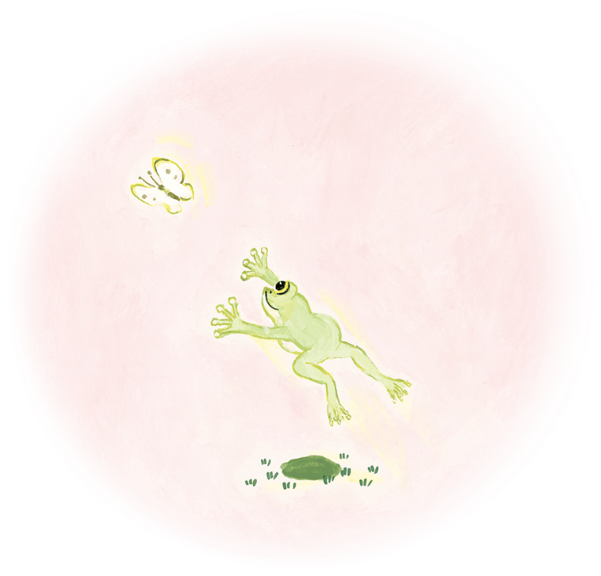 絵本「ふきのとう」にのっているカエルとチョウのイラスト